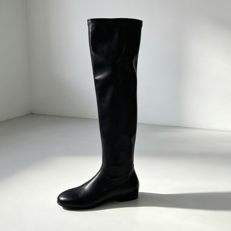 Boot Sock Slouchy - ブラウンのソフトストレッチフェイクレザー、スラウチーな太もも丈ロングブーツ、フラットヒール、スクエアトゥ、スラウチーソックスブーツ、冬のファッショナブルシューズ