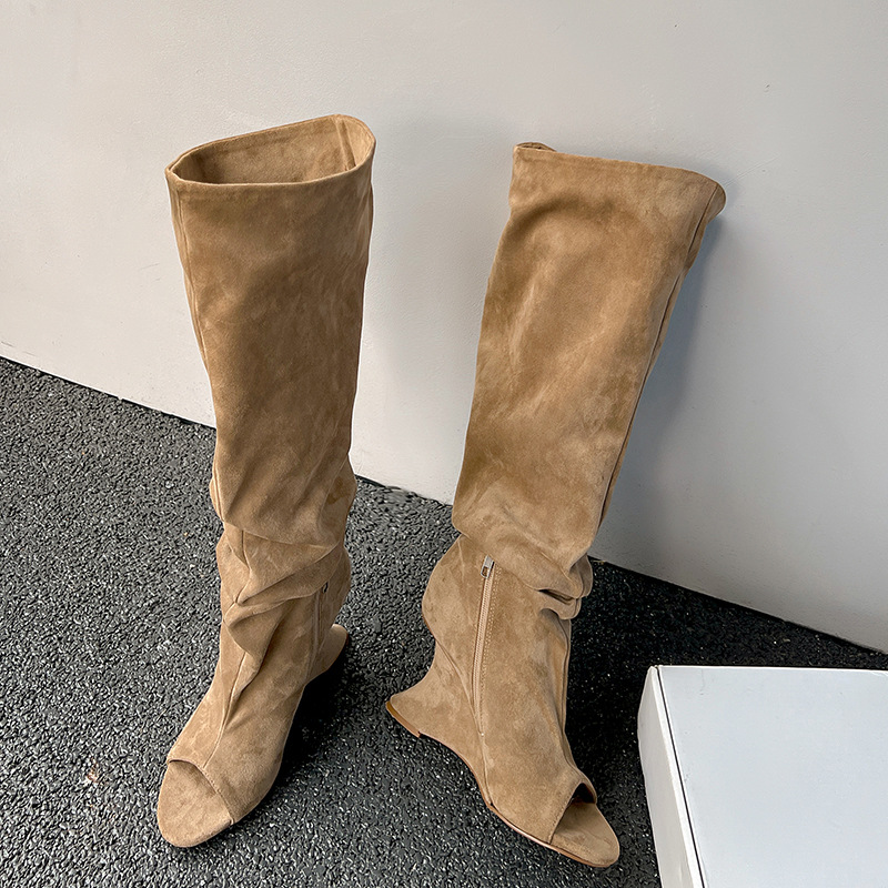 Knee High Sock Women - AIYKAZYSDL 奇妙なウェッジヒールピープトウニーハイブーツフロックフェイクスエードだらしないストレッチブーティストリート女性のための