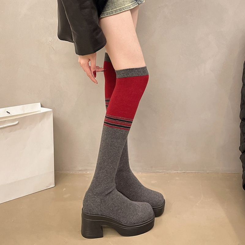 Knee High Sock Women - チャンキーヒール レディース ニーハイソックスブーツ 2025 秋冬 シングルレイヤーニット
