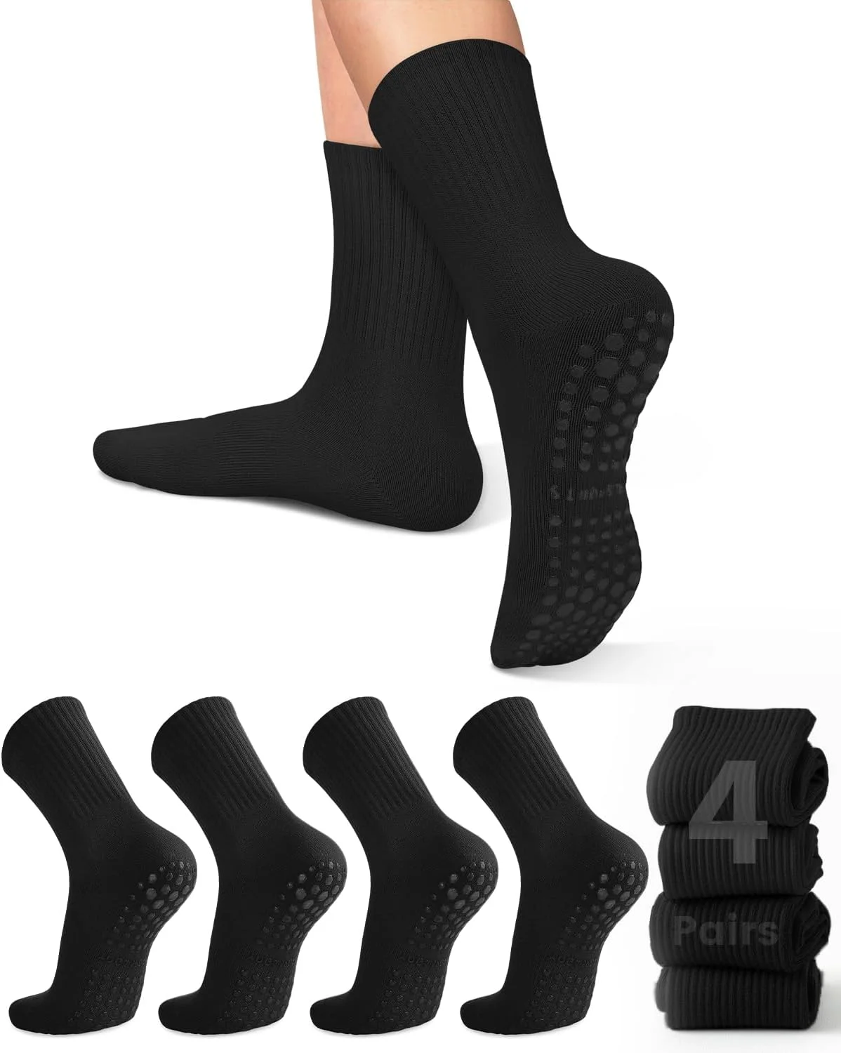 Grip Sock Yoga - 女性用ヨガソックス4足、ソリッドカラーのミッドソール滑り止めグリップ付きヨガピラティスバレエソックス
