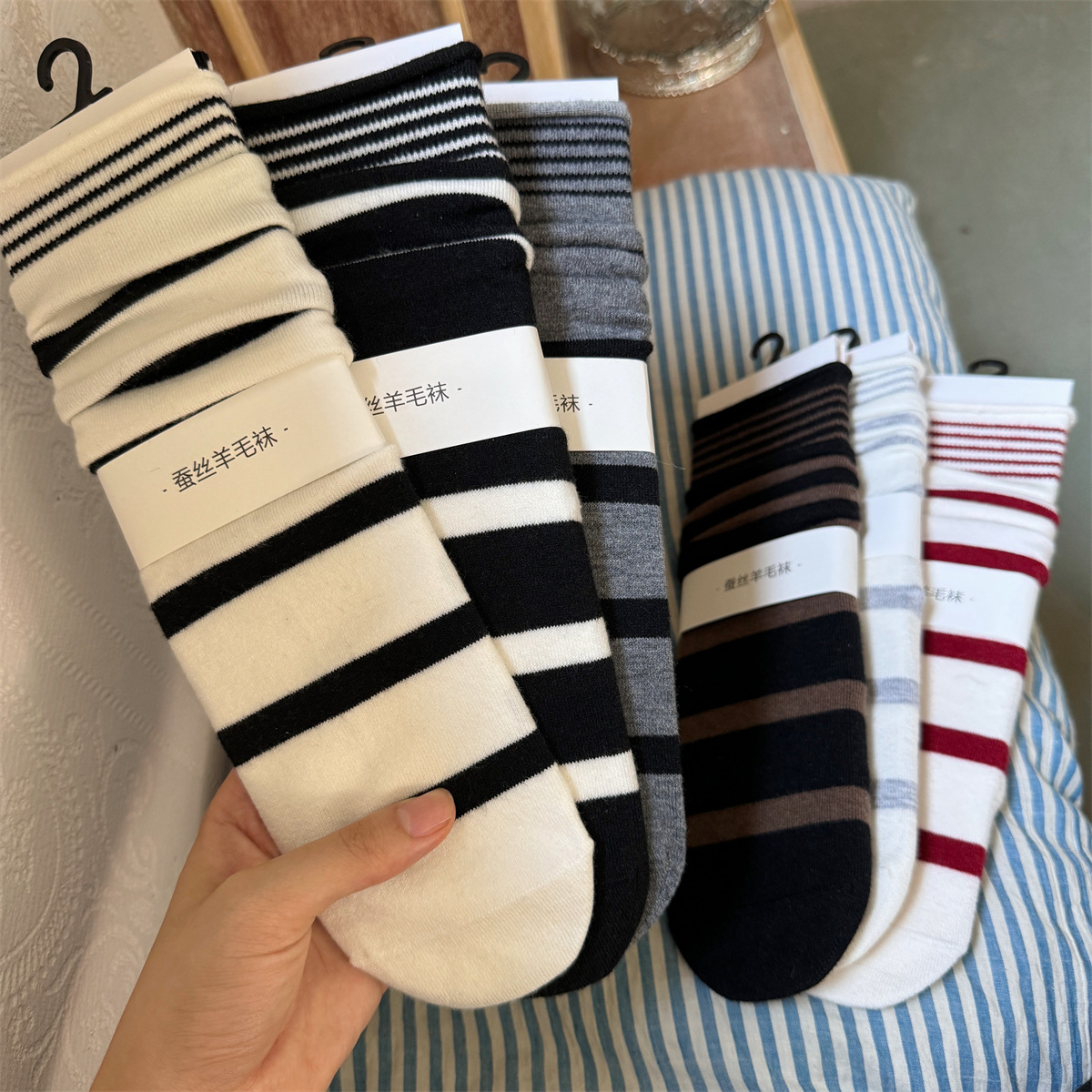 Silk Sock Bamboo - Sp & city-女性用ストライプウールとシルクの靴下,柔らかく,通気性,ミドルチューブ,シンプル,快適,毎日,暖かく保つ,韓国,冬
