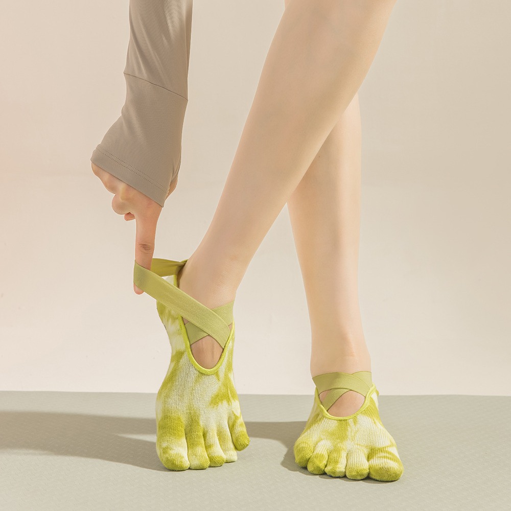 Grip Sock Yoga - 女性用タイダイ柄5本指グリップヨガソックス、ストラップ付きスプリットトゥピラティスソックス、通気性のあるコットン製滑り止めソックス（屋内スポーツ用）