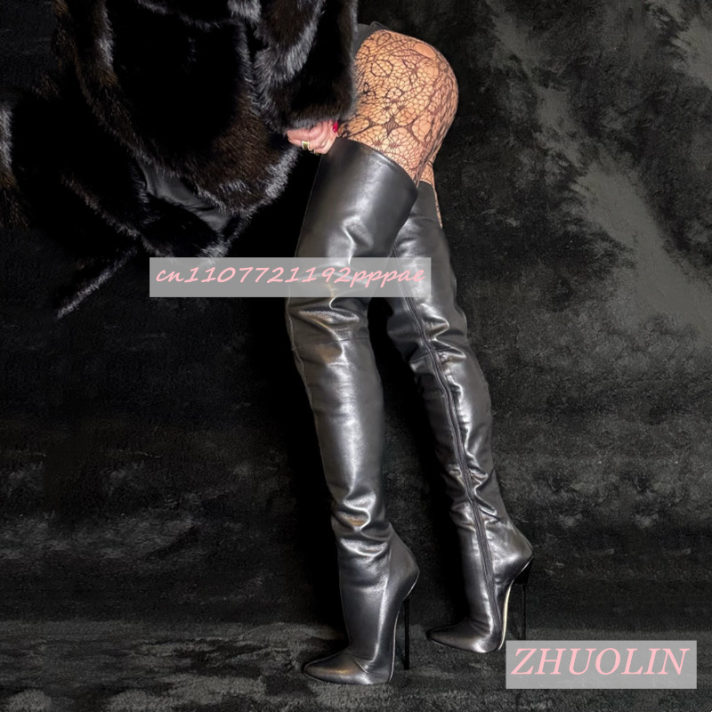 Knee High Sock Women - ブラックマットオーバーザニーブーツポインテッドトゥ超ハイヒールサイドジッパー弾性ブーツエレガントパーティーキャットウォークモダンレディースブーツ