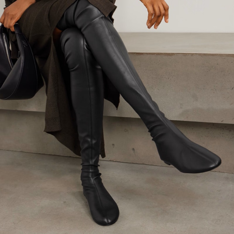 ブラウンのソフトストレッチフェイクレザー、スラウチーな太もも - Boot Sock Slouchy のレビューと価格